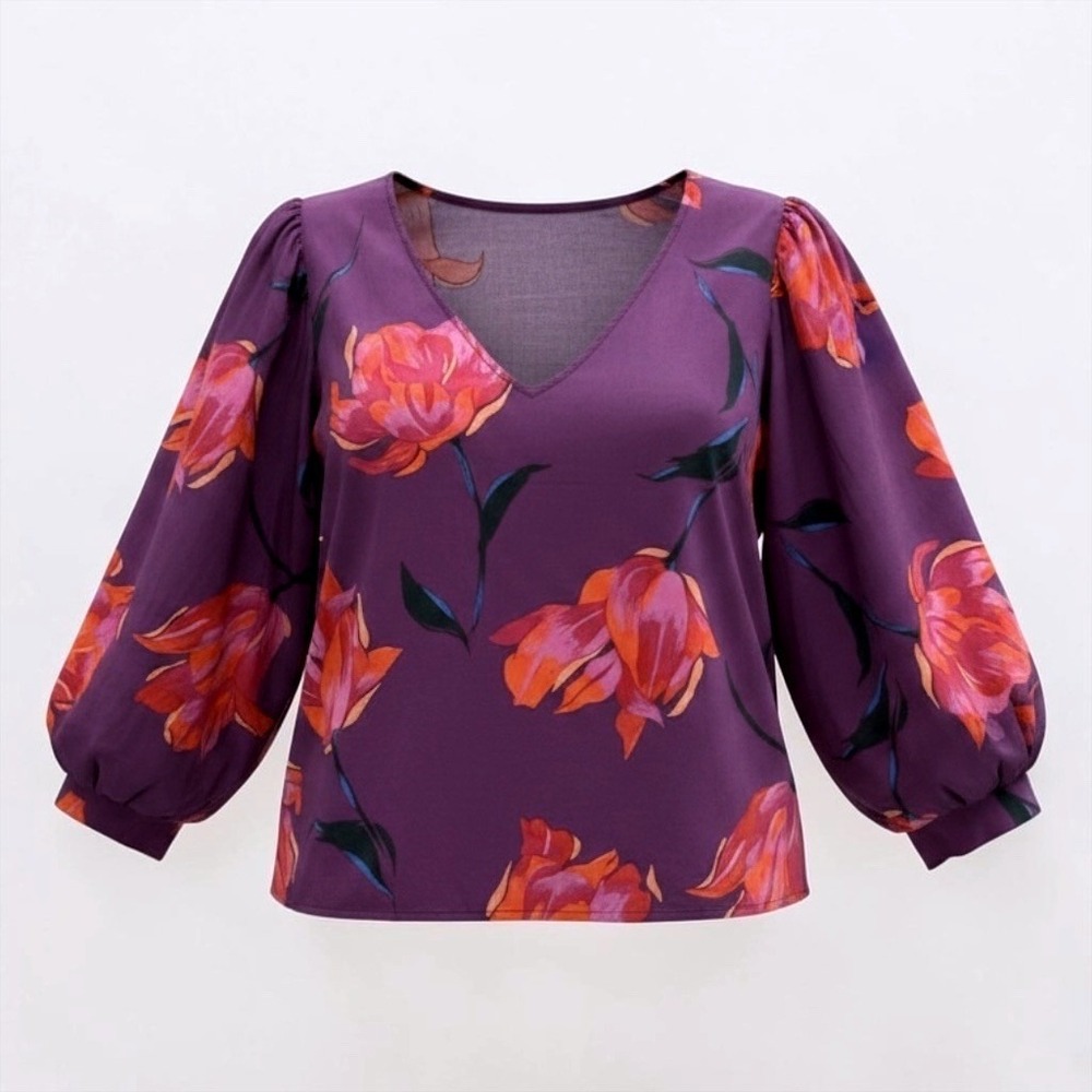 Floral V-Neck Puff Sleeve Blouse Purple Pink Orange Tulip Print Top X-Large